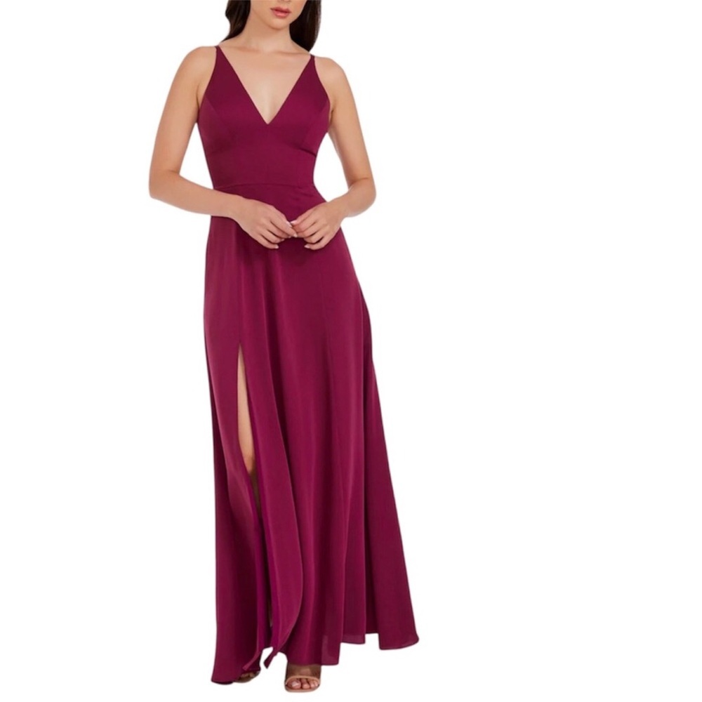 Dress The Population V Neck Crepe Magenta Red Parker Split Side Gown Size XS